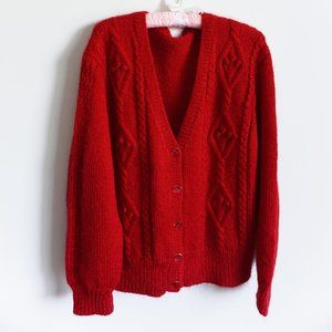 VINTAGE Hand-Knitted Red Sweater Cardigan